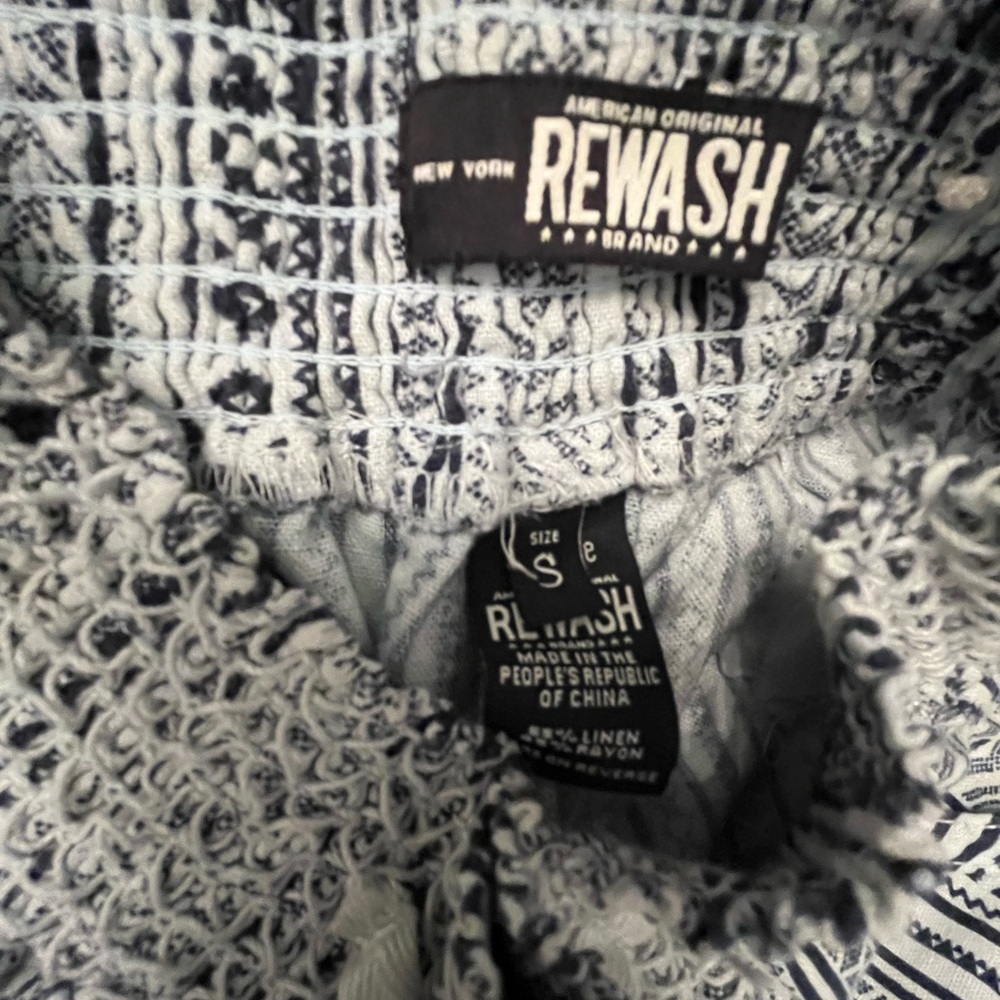 Rewash Blue and White Geometric Patterned Women's Wide Leg Linen Blend Pants - Picture 6 of 8